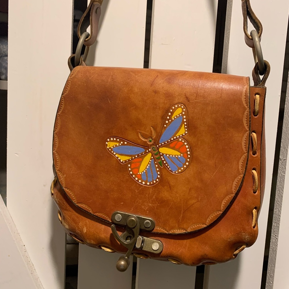 Handcrafted tooled leather bag - vintage butterfly